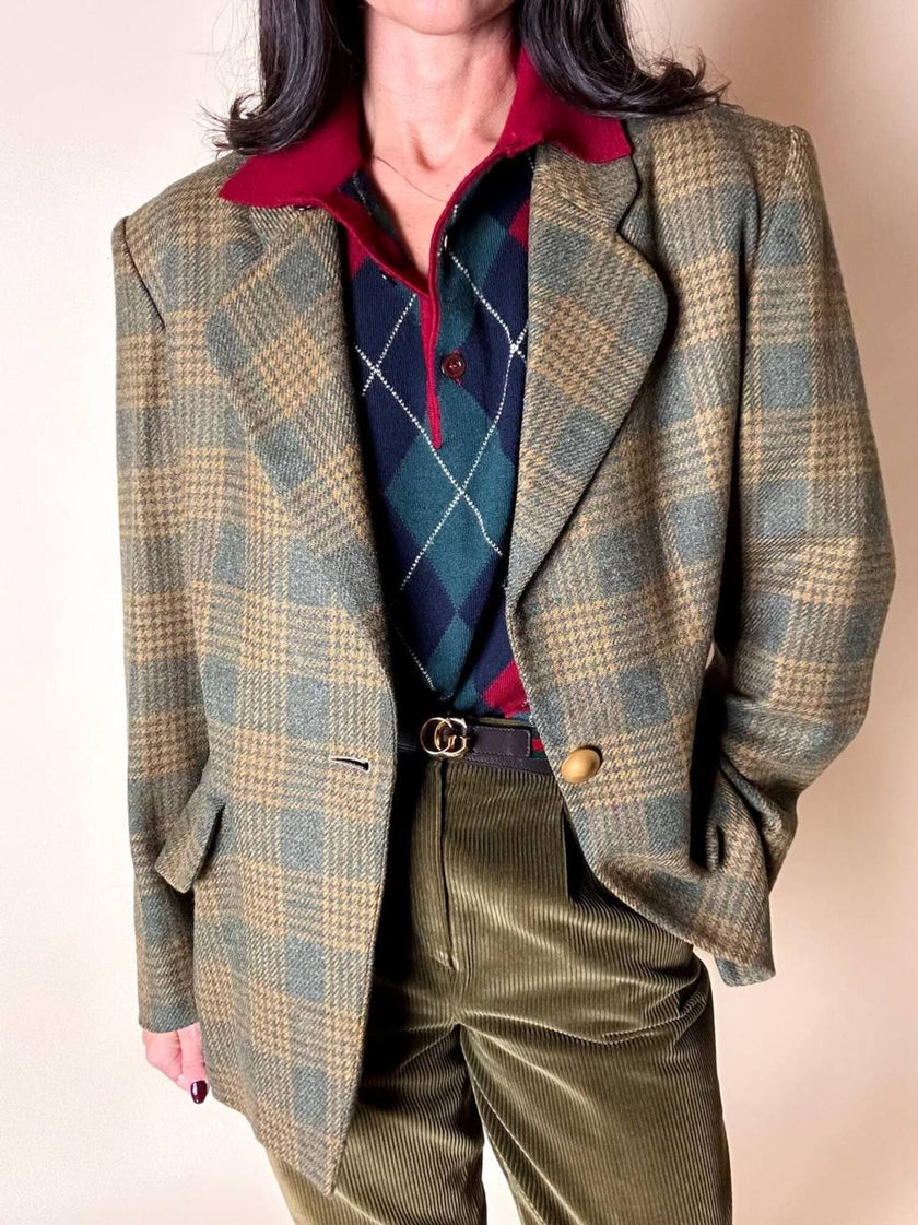 Blazer Yves Saint Laurent de lana con estampado de Príncipe de Gales verde y ocre