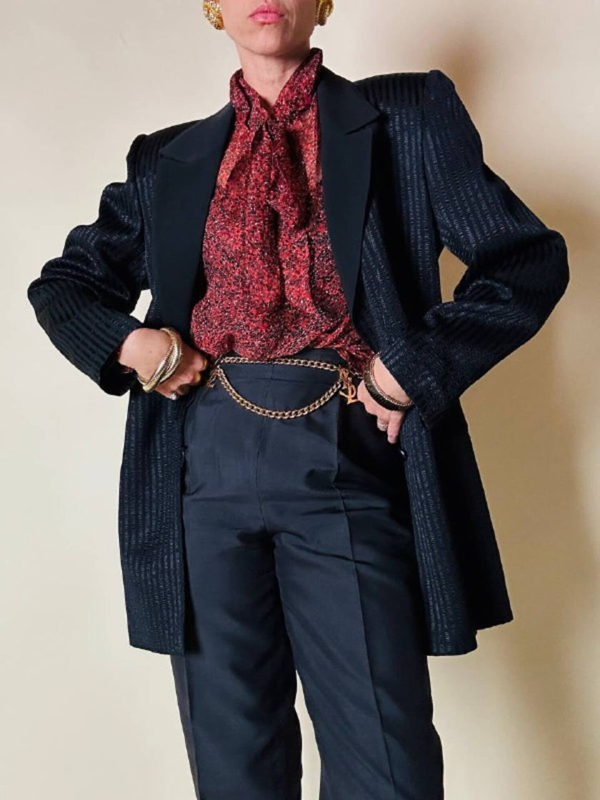 Blazer nero a righe in tessuto lucido “State off Claude Montana”