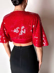 Top-Bolero vintage rosso con taglio a mantellina in seta ricamato con paillettes