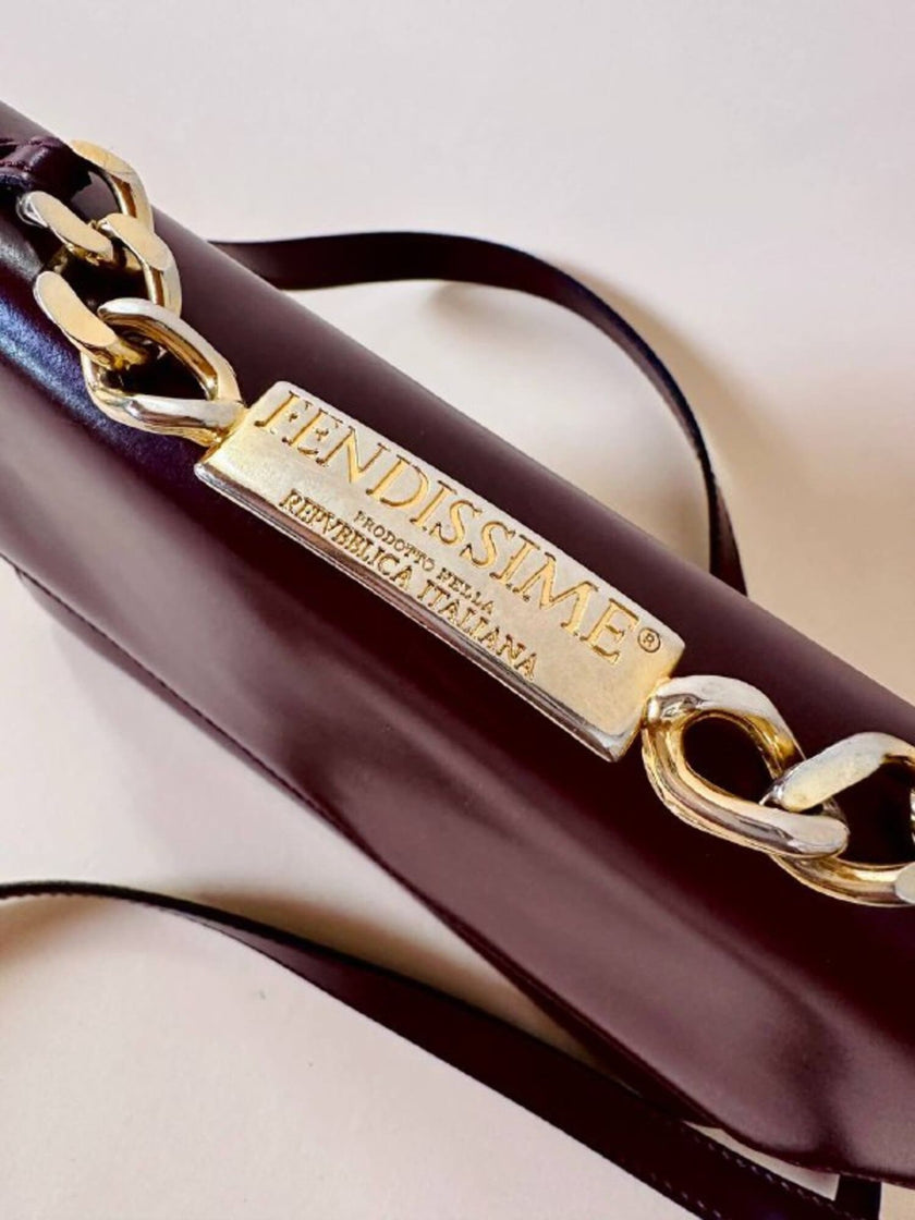 Fendissime handbag in burgundy brushed leather with gold chain jewel handle and detachable shoulder strap