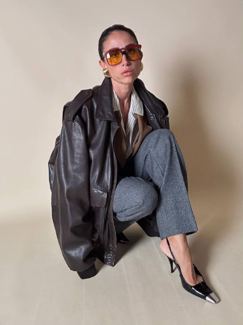Bomber aviator oversize in pelle testa di moro