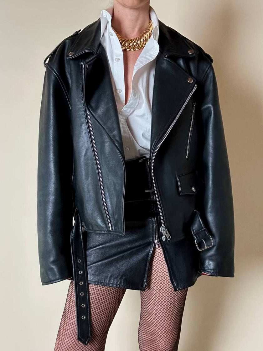 Giacca biker vintage in pregiata pelle nera con fodera trapuntata