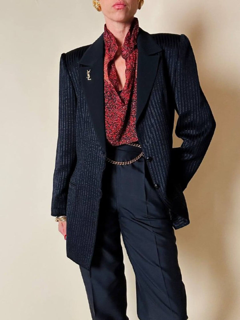 Blazer nero a righe in tessuto lucido “State off Claude Montana”