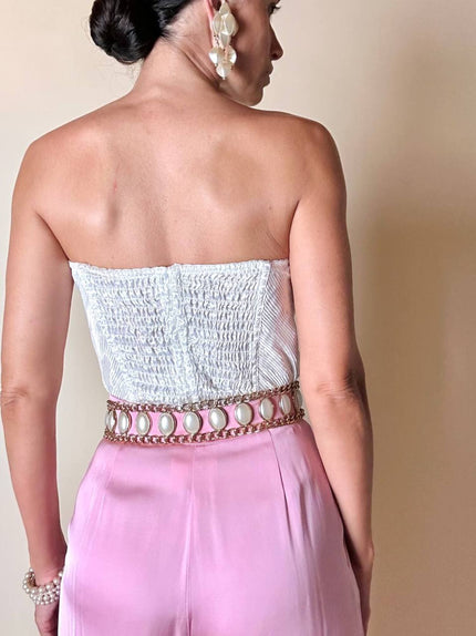 Bustier in raso micro plissé bianco con scollo a cuore 