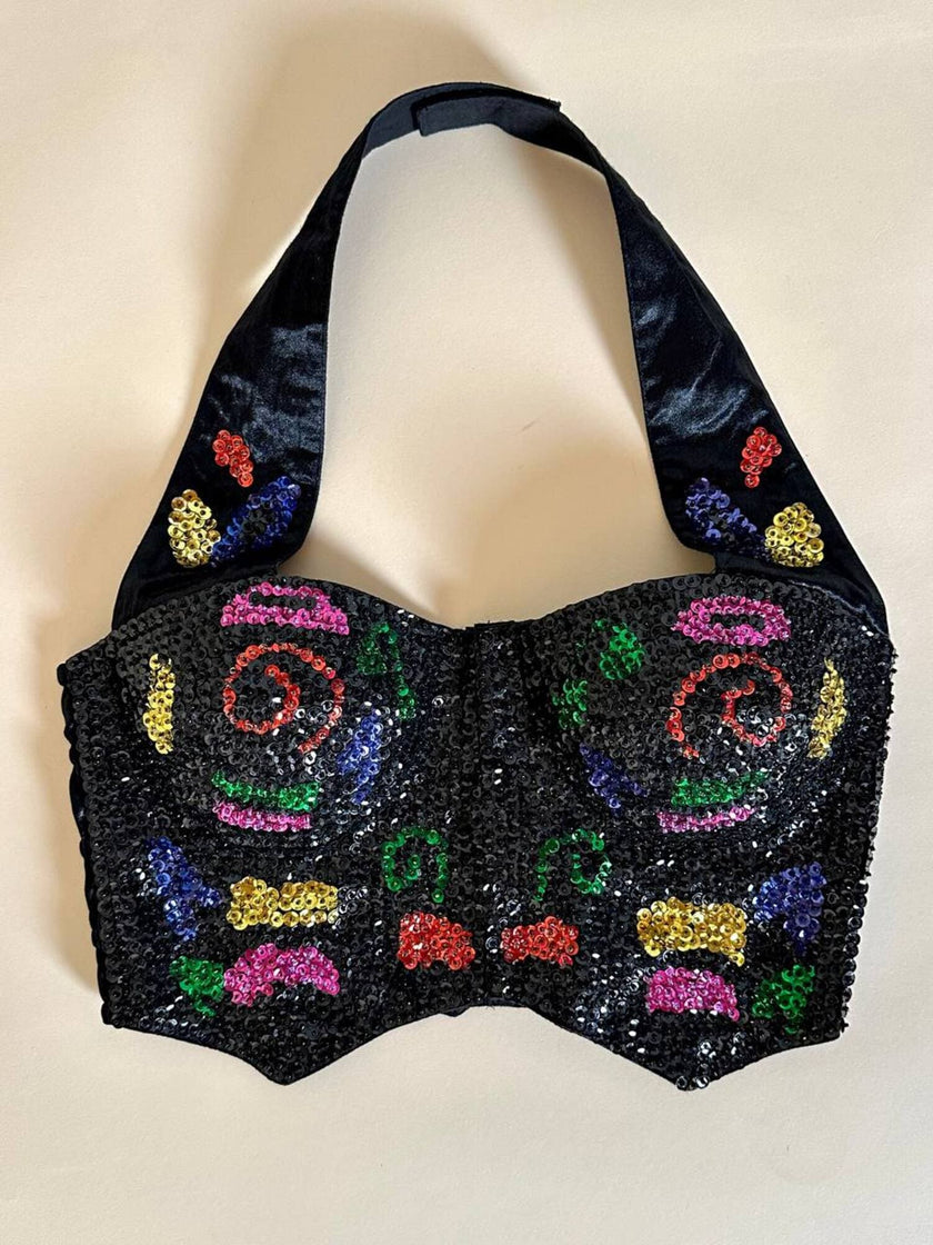 Schwarzes Satin-Bustier, bestickt mit schwarzen Pailletten mit mehrfarbigen Details