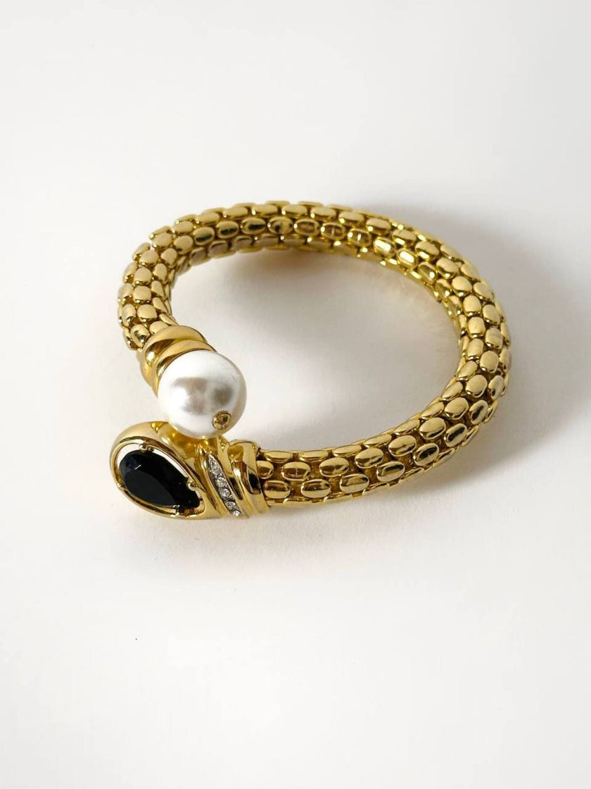 Bracciale vintage in metallo dorato con perla onice nero e cristalli