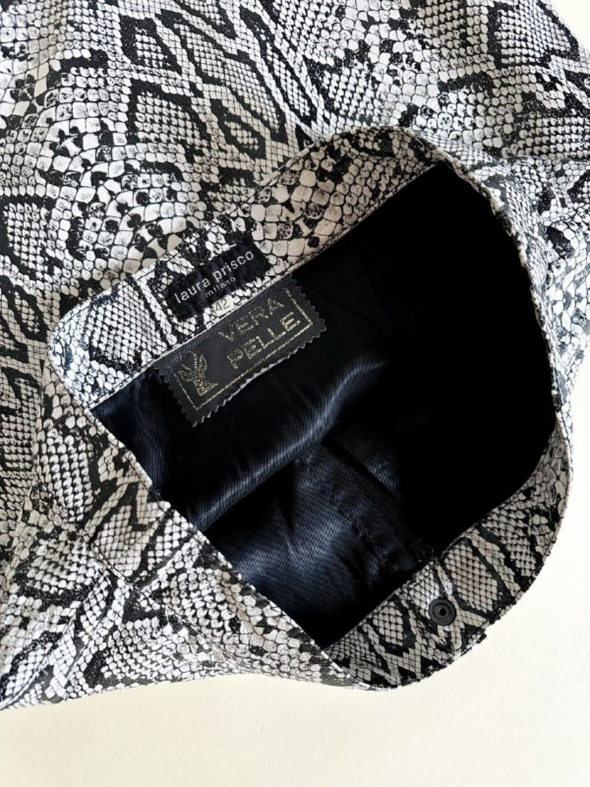 Minigonna vintage Laura Prisco in pelle bianca stampa pitone nei toni del nero e grigio