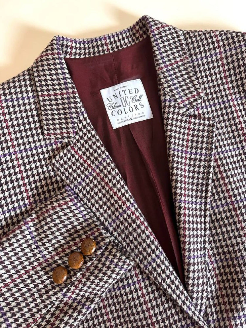 Blazer United Class Coll Colors Benetton in lana pied de poule beige e cioccolato con bottoni berlebeck