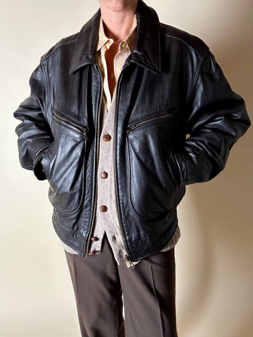 Bomber aviator in pelle testa di moro con fodera gialla matelassé