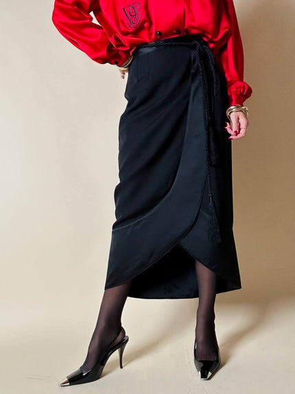 Gonna tulip nera in rasato di lana con riporti in raso “Guy Laroche”