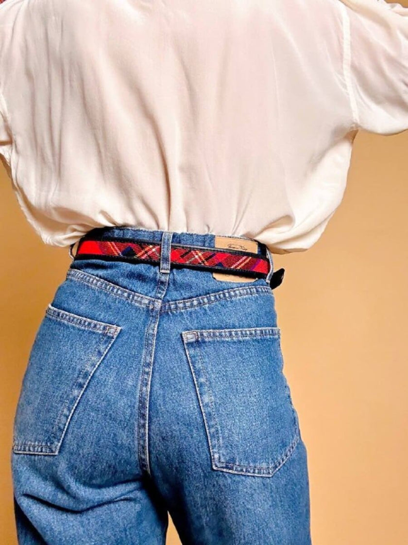 Cintura in lana tartan con profili in pelle blu “Daniel’s Club”