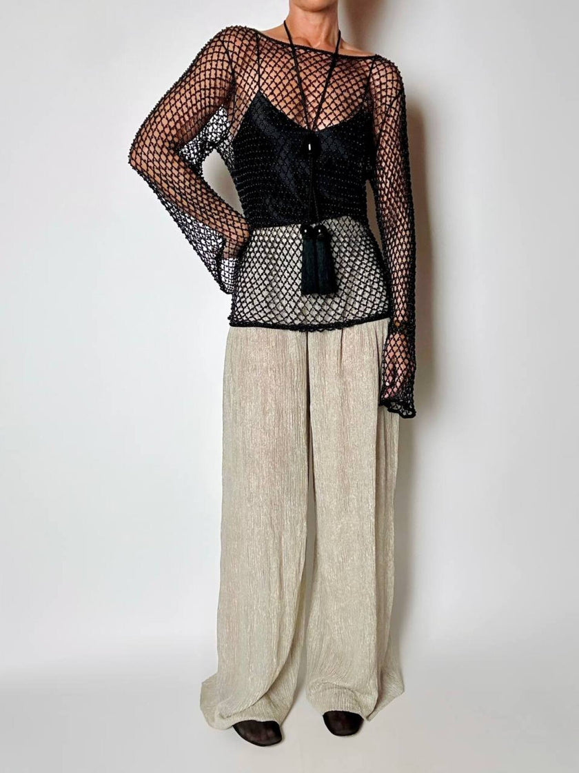 Pantalone a palazzo vintage Emporio Armani in seta goffrata champagne operata con filo metallico