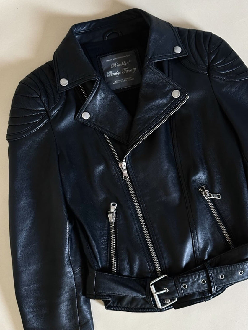 Giacca Biker vintage in pelle nera Brooklyn Bridge Factory