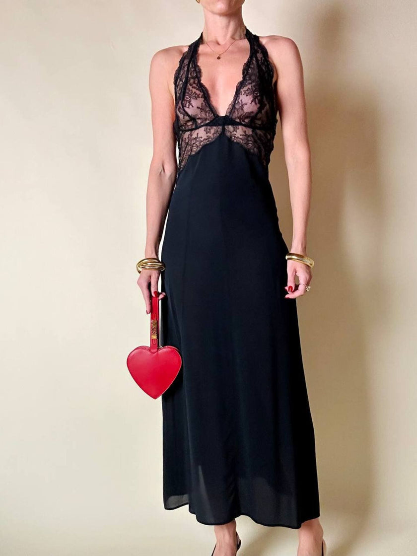 Slip dress vintage La Perla in seta nera e pizzo
