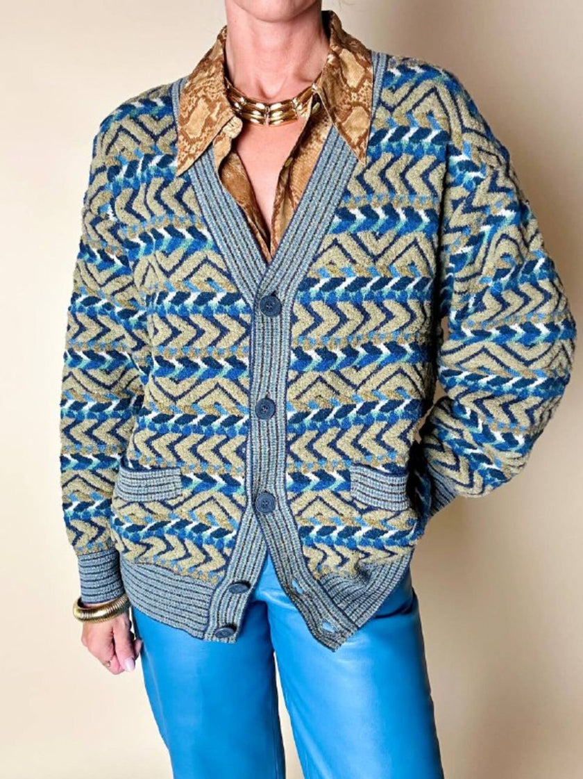 Cardigan Missoni Sport con pattern geometrico e trama tridimensionale nei toni del verde e blu