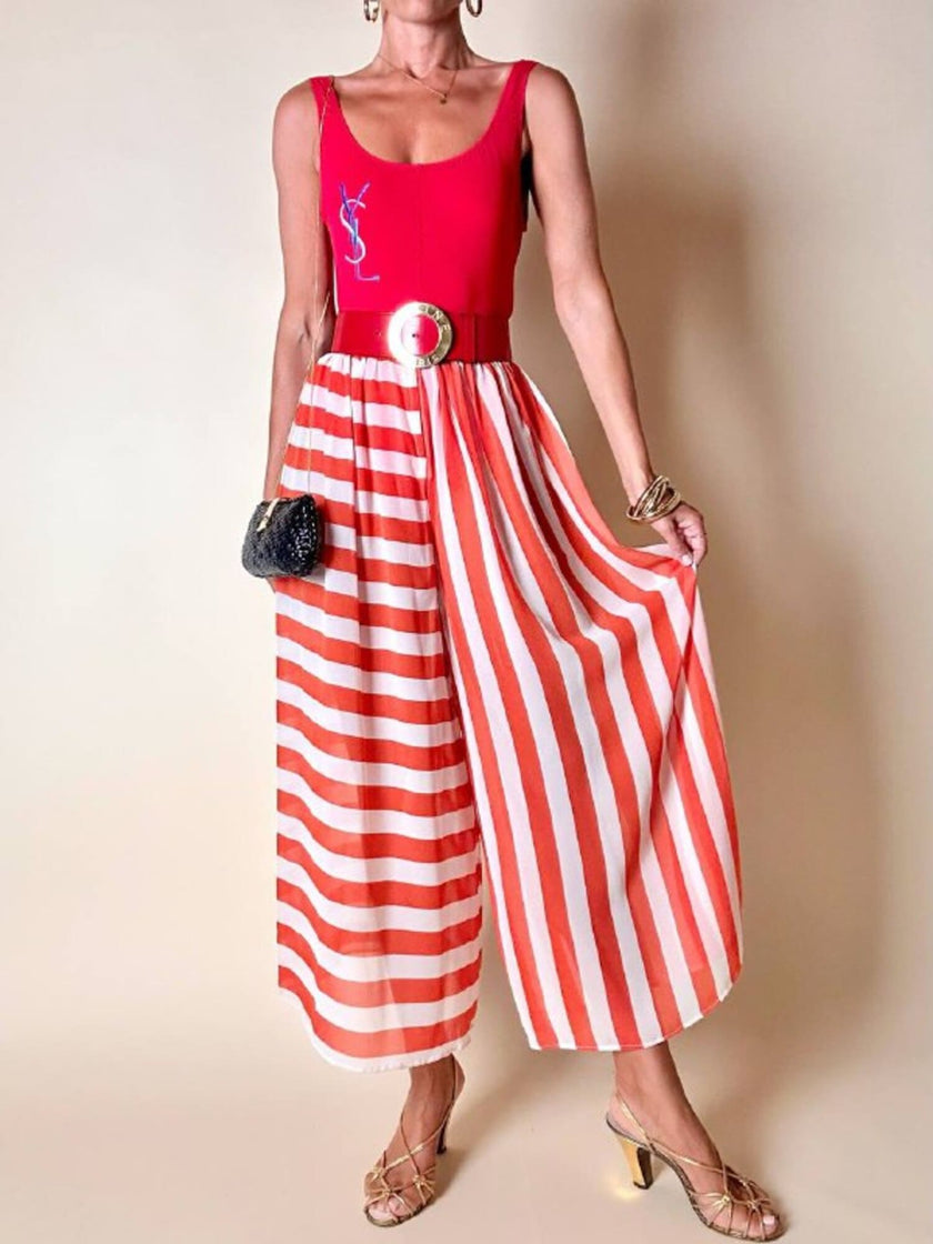 Gonna-pantalone sartoriale in chiffon di seta bianco e rosso a righe