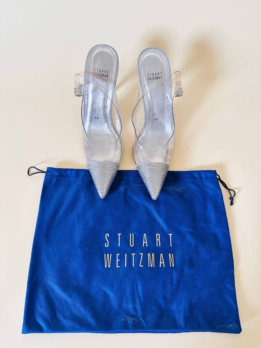 Slingback vintage a punta in plexi e strass argento Stuart Weitzman