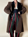 Alex & Tris green-brown wool double-breasted coat with martingale and black velvet trim