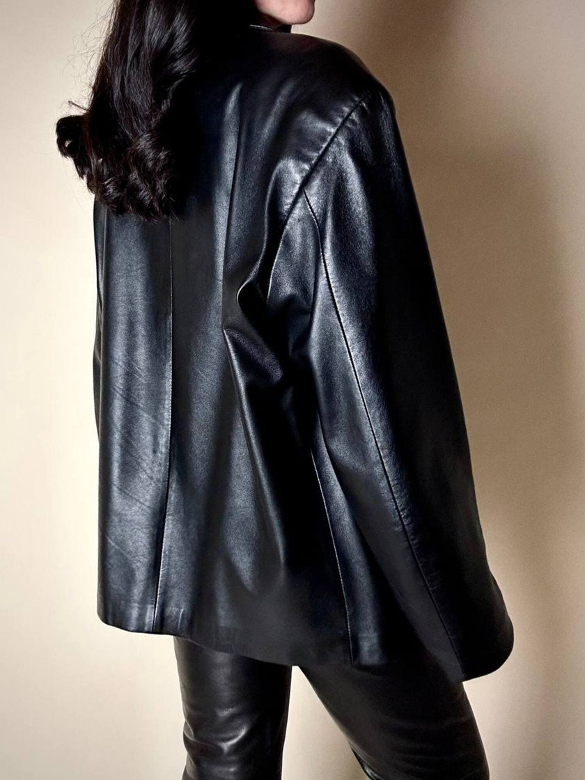 Giacca vintage in pelle nera con zip Michael Hoban North Beach Leather