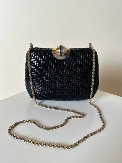 Borsa vintage Rodo in midollino nero con tracolla a catena oro