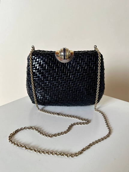 Borsa vintage Rodo in midollino nero con tracolla a catena oro