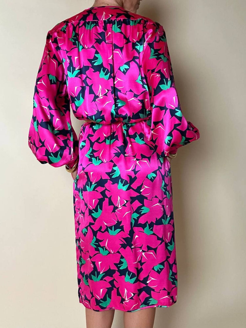 Vintage Yves Saint Laurent Wickelkleid aus Seidensatin mit Blumenmuster