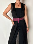 Gilet vintage lungo in rete nera con rever e spacchi laterali New Age