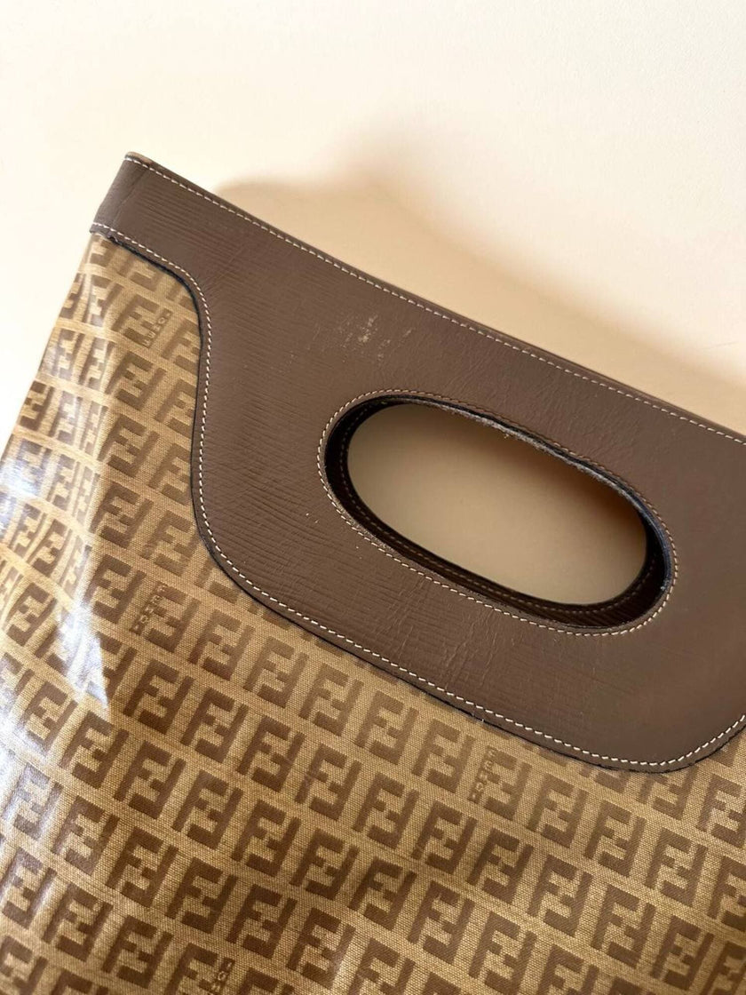 Tote bag vintage Fendi in tela monogram e marrone con finiture in pelle tortora