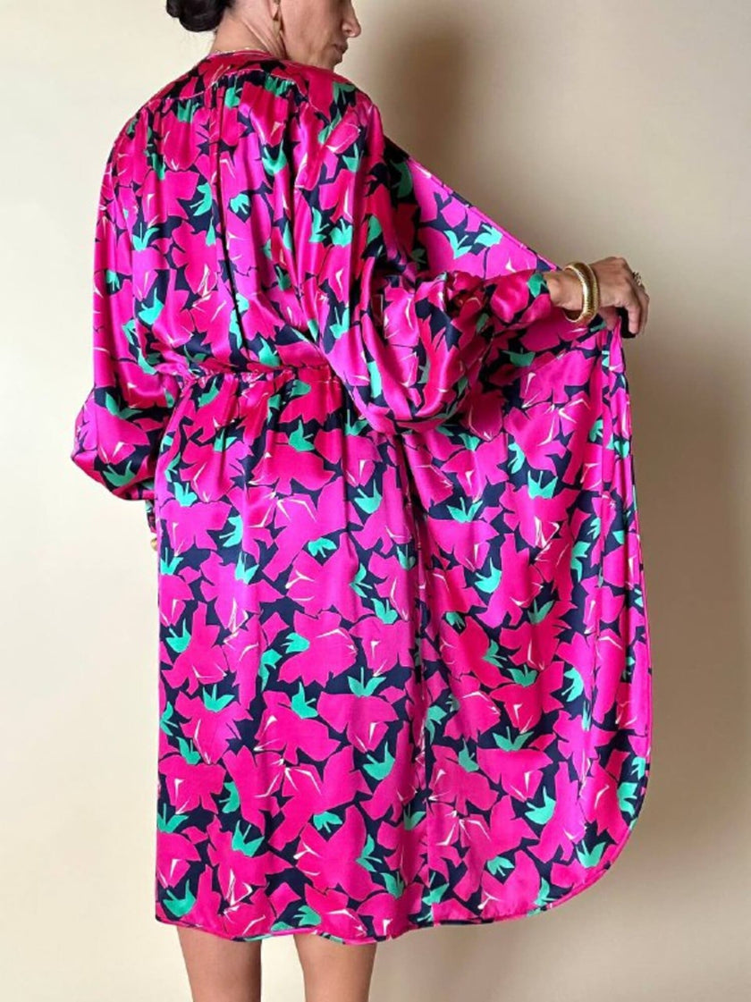 Vintage Yves Saint Laurent Wickelkleid aus Seidensatin mit Blumenmuster