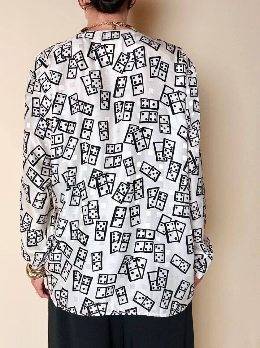 Blusa Yves Saint Laurent in tessuto jacquard bianco e nero fantasia Domino