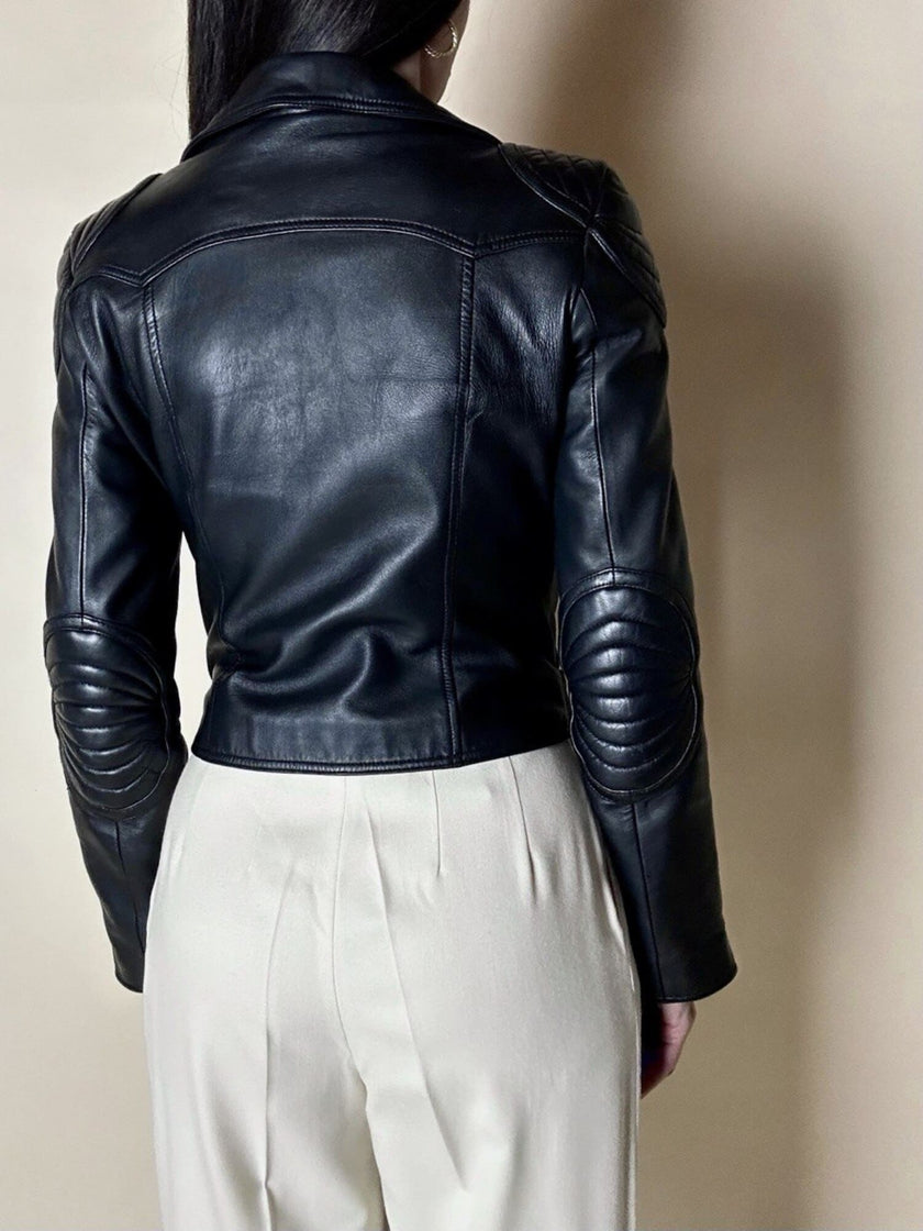Giacca Biker vintage in pelle nera Brooklyn Bridge Factory