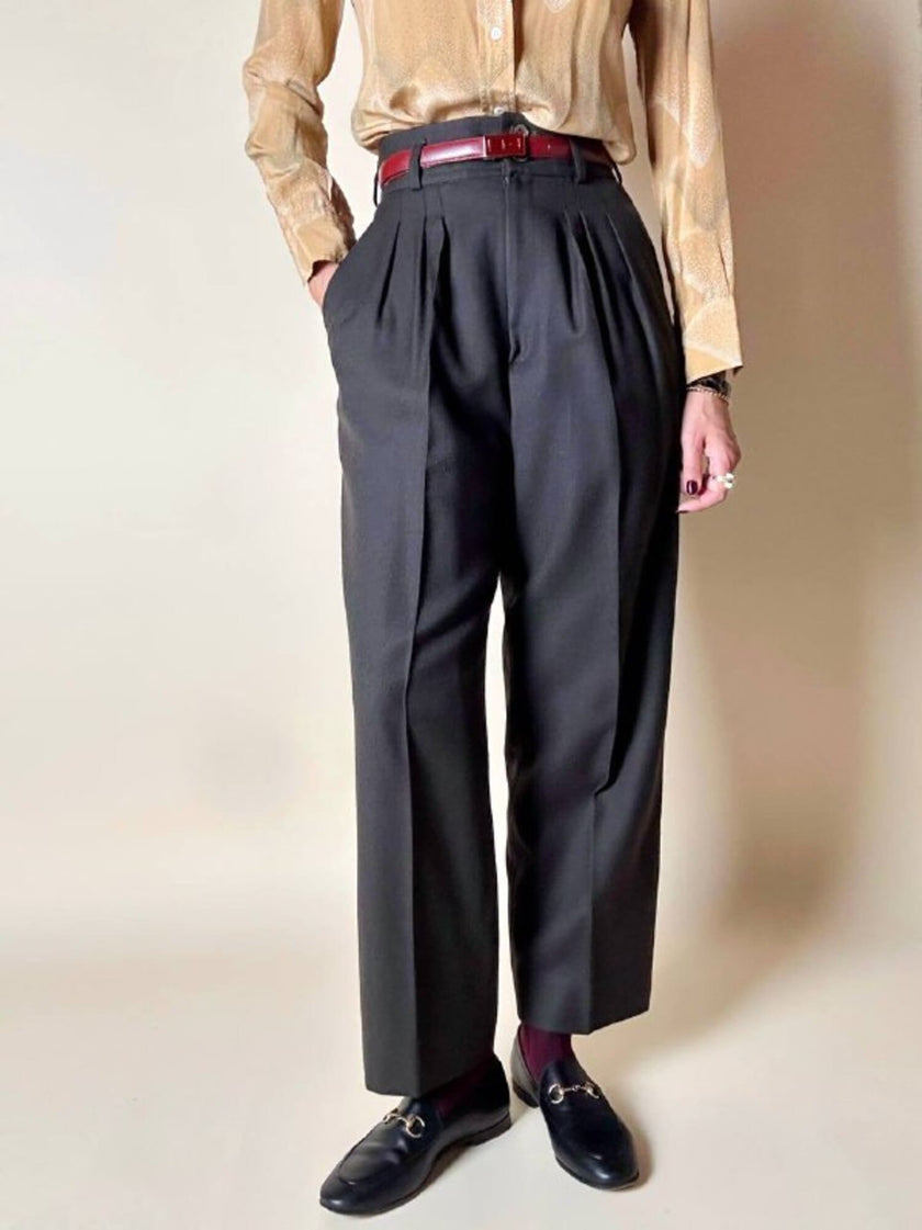 Pantalone Yves Saint Laurent a vita alta con pince alla francese in lana verde cacciatore
