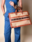 Borsa Yves Saint Laurent in canvas beige con profili color cuoio e motivo greca con logo