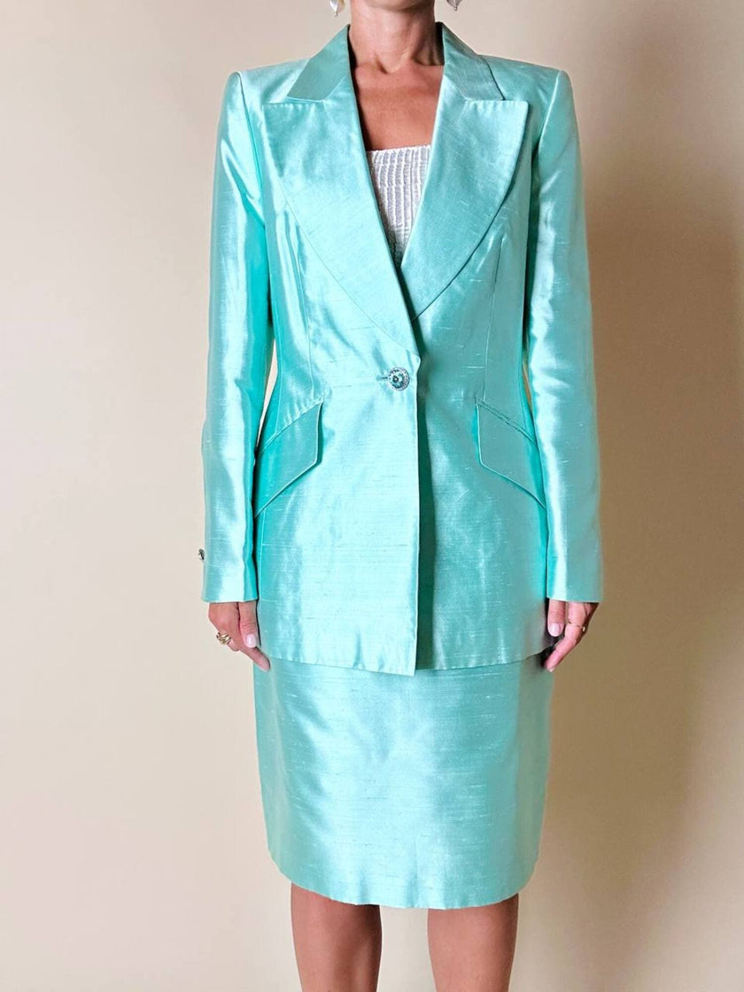 Tailleur giacca e gonna in shantung di seta acqua marina con bottoni gioiello “Escada”