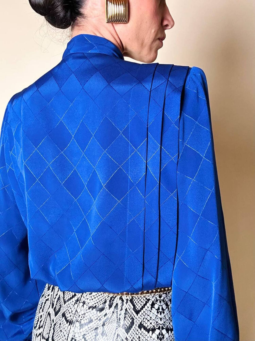 Camicia vintage Tricosa Paris in tessuto jacquard operato a losanghe bluette con nastro al collo
