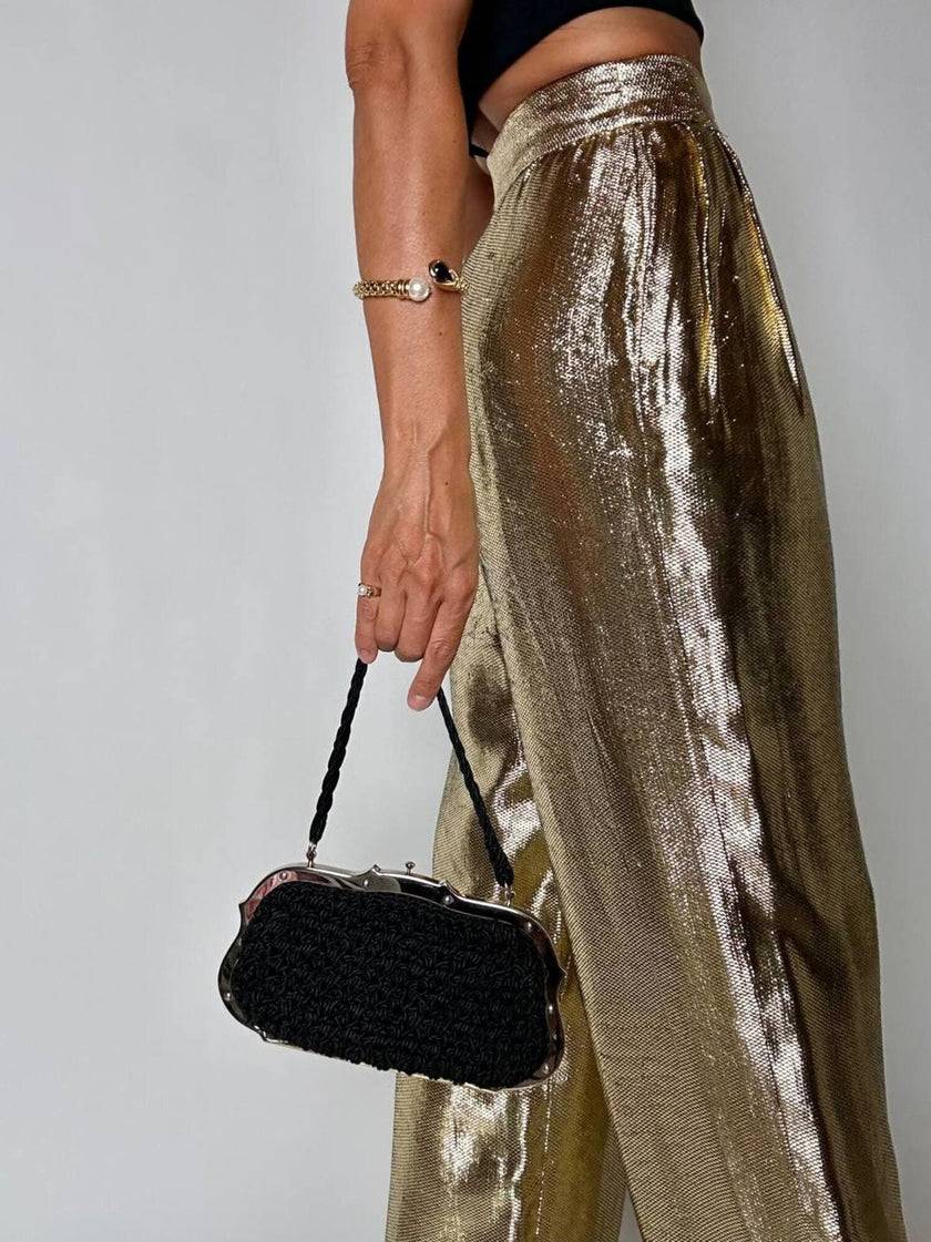 Borsa da sera vintage Art Déco in crochet  nero con montatura in metallo argentato