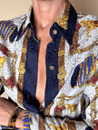 Camicia sartoriale in seta jacquard fantasia equestre barocca con bottoni gioiello dorati