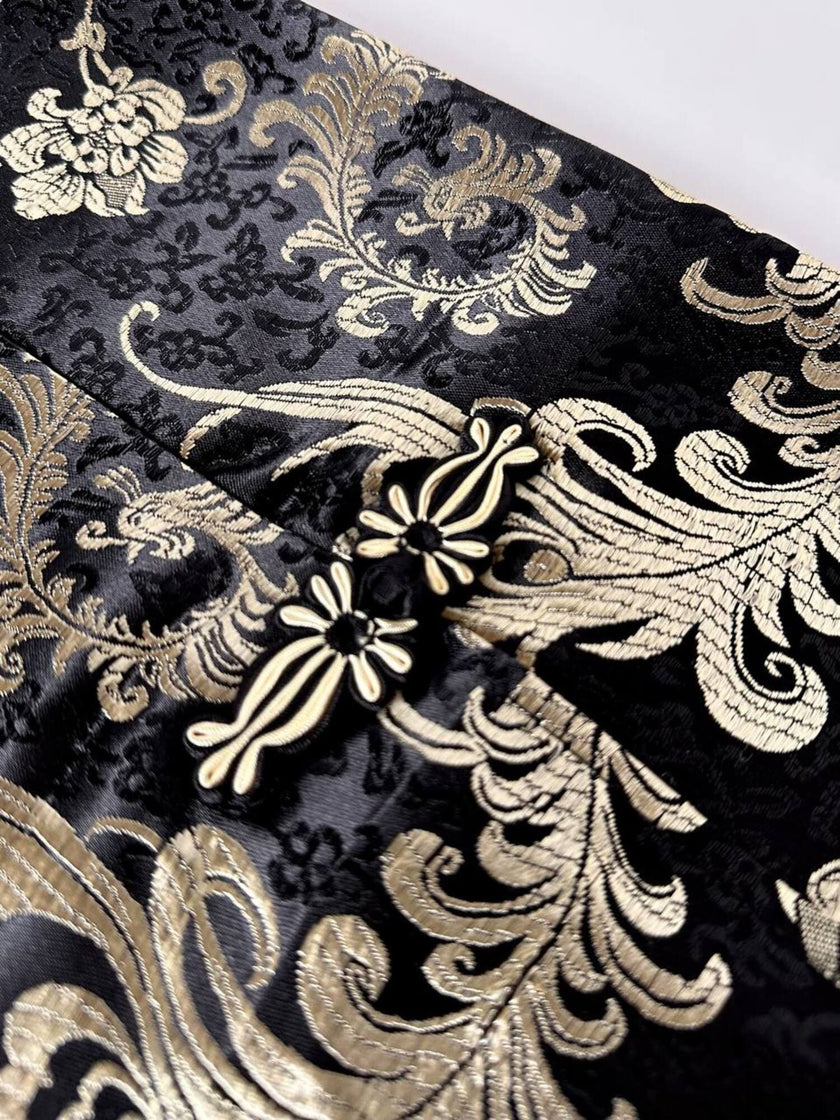 Gonna lunga a tubino in raso jacquard nero e platino fantasia floreale