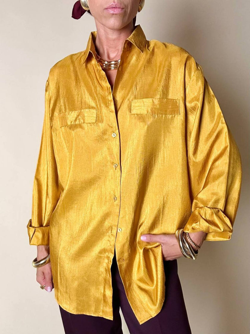 Camicia oversize in raso stropicciato color zafferano