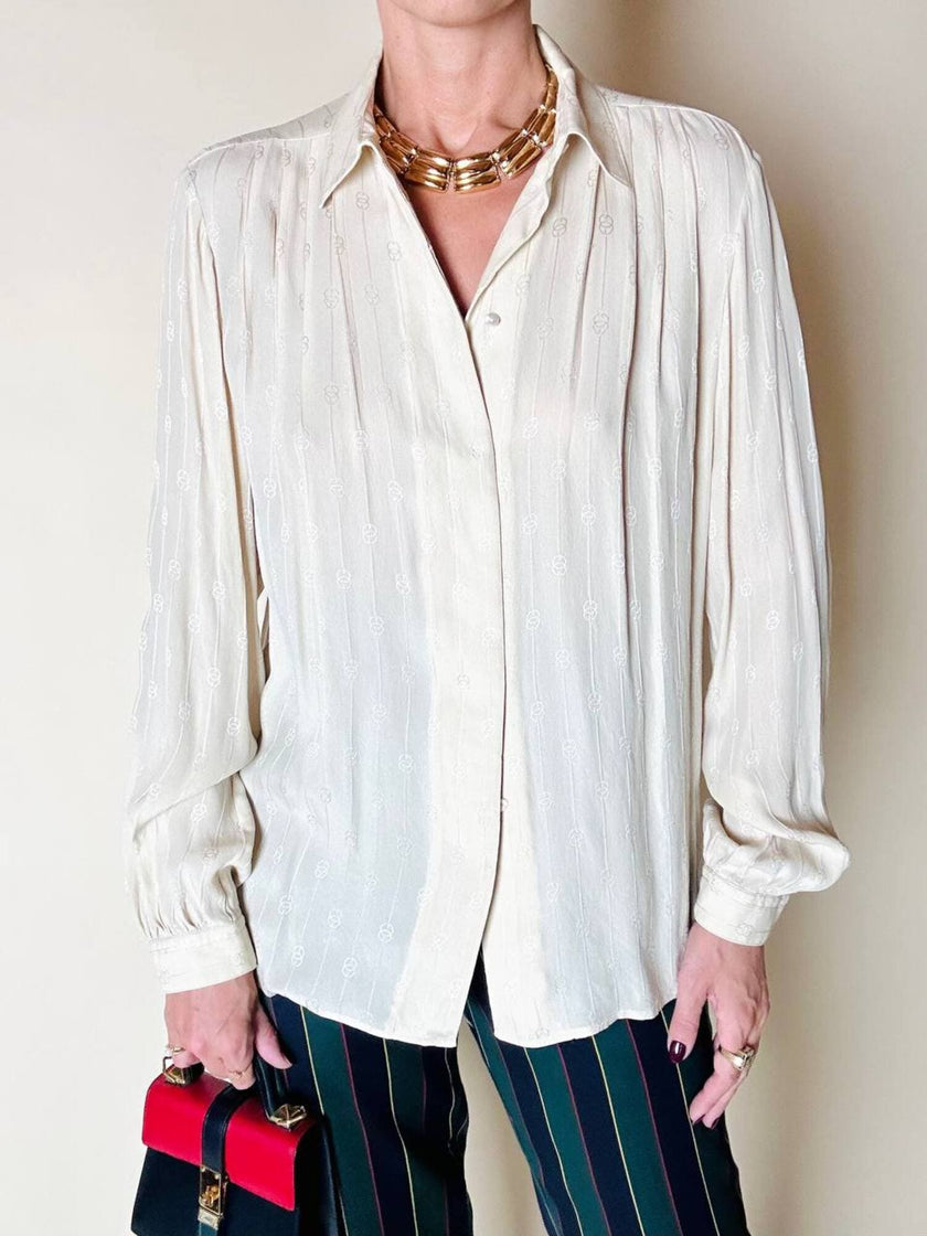 Camicia sartoriale in pura seta jacquard color crema con loghi Gucci