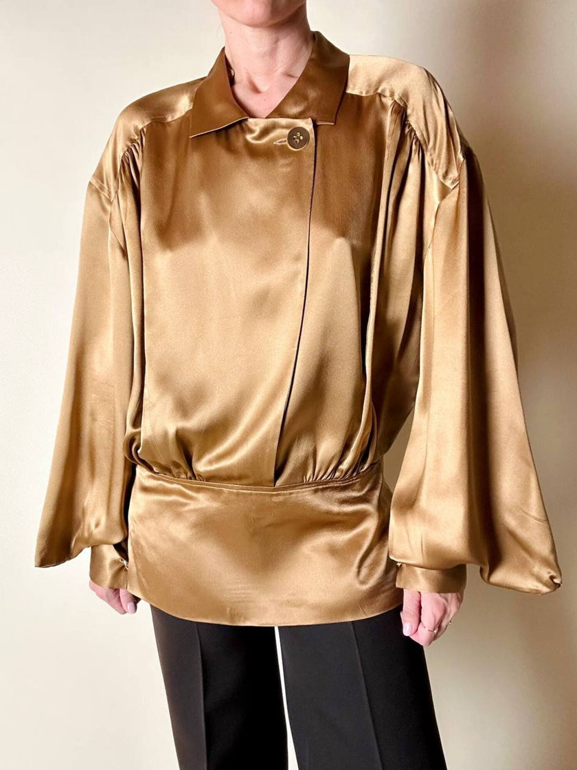 Blusa vintage Baila in seta bronzo con dettaglio gioiello nei polsi