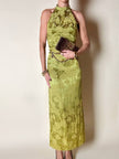 Abito vintage sartoriale con scollo all’americana in seta jacquard verde acido fantasia floreale