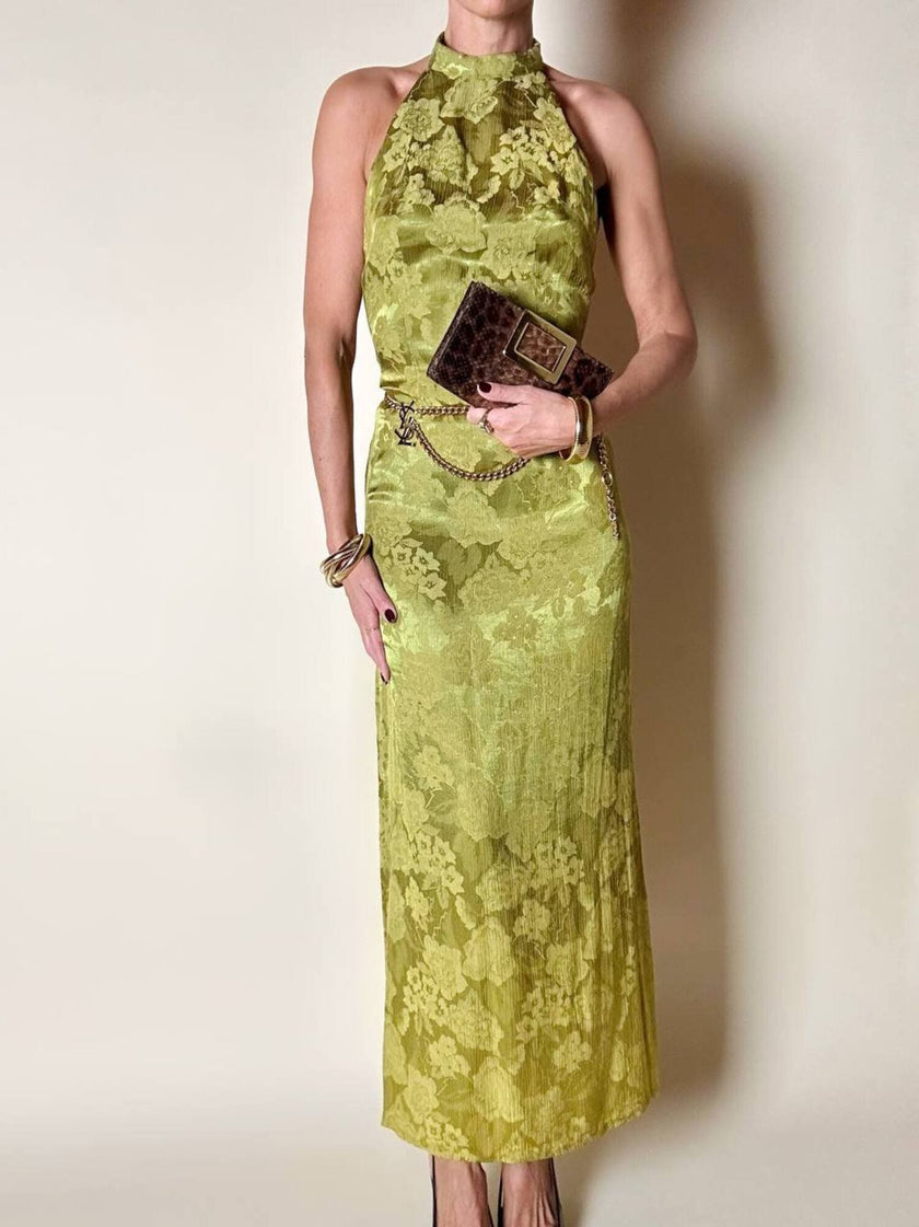 Abito vintage sartoriale con scollo all’americana in seta jacquard verde acido fantasia floreale