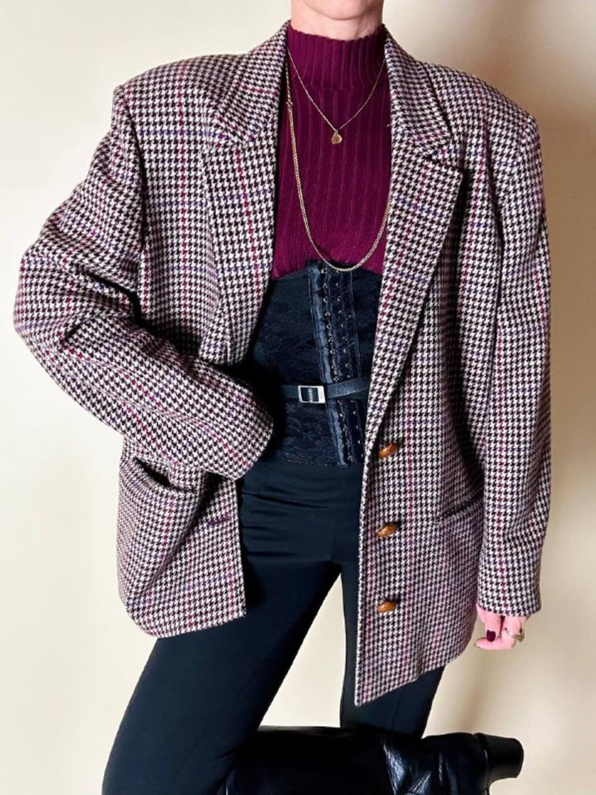 Blazer United Class Coll Colors Benetton in lana pied de poule beige e cioccolato con bottoni berlebeck