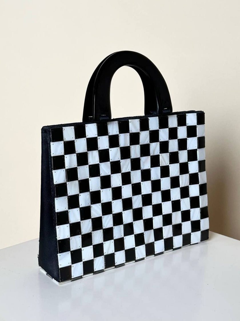 Vintage mother-of-pearl and horn handbag with checkered pattern and matching clutch