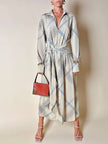 Abito Guy Laroche in crepe beige fantasia geometrica nera e azzurra