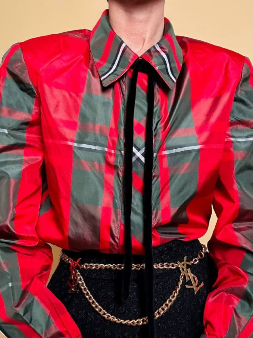 Camicia in taffetà di seta fantasia tartan 