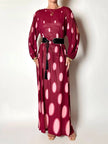 Maxi abito vintage Gottex in cpêpe amarena con maxi pois irregolari rosa
