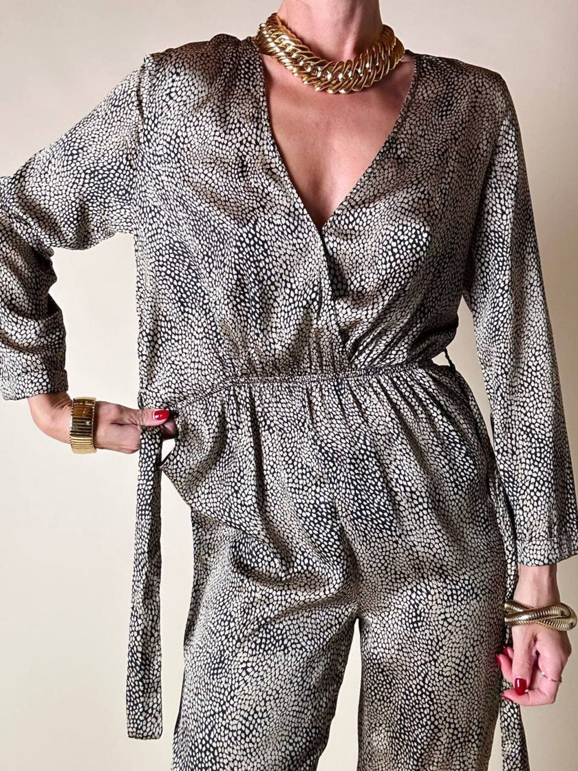 Jumpsuit in raso fantasia micro leopardo