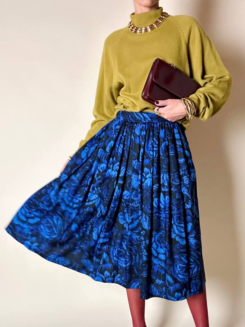 Gonna a ruota Yves Saint Laurent Variation in lana blu elettrico con fantasia floreale nera